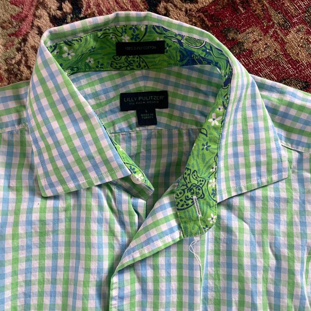 Lilly Pulitzer Green Blue & White Gingham Check Button Down Shirt Men’s L - Picture 2 of 9